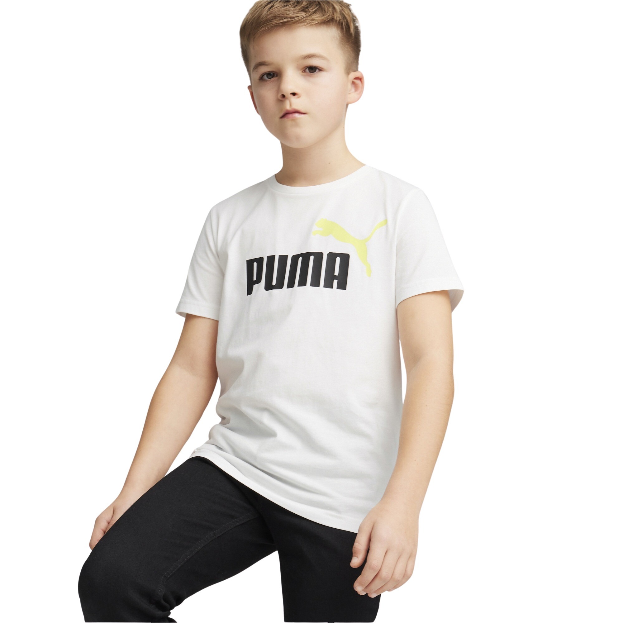 PUMA Essentials+ 2 Logo T-Shirt Kids Wit Lichtgeel