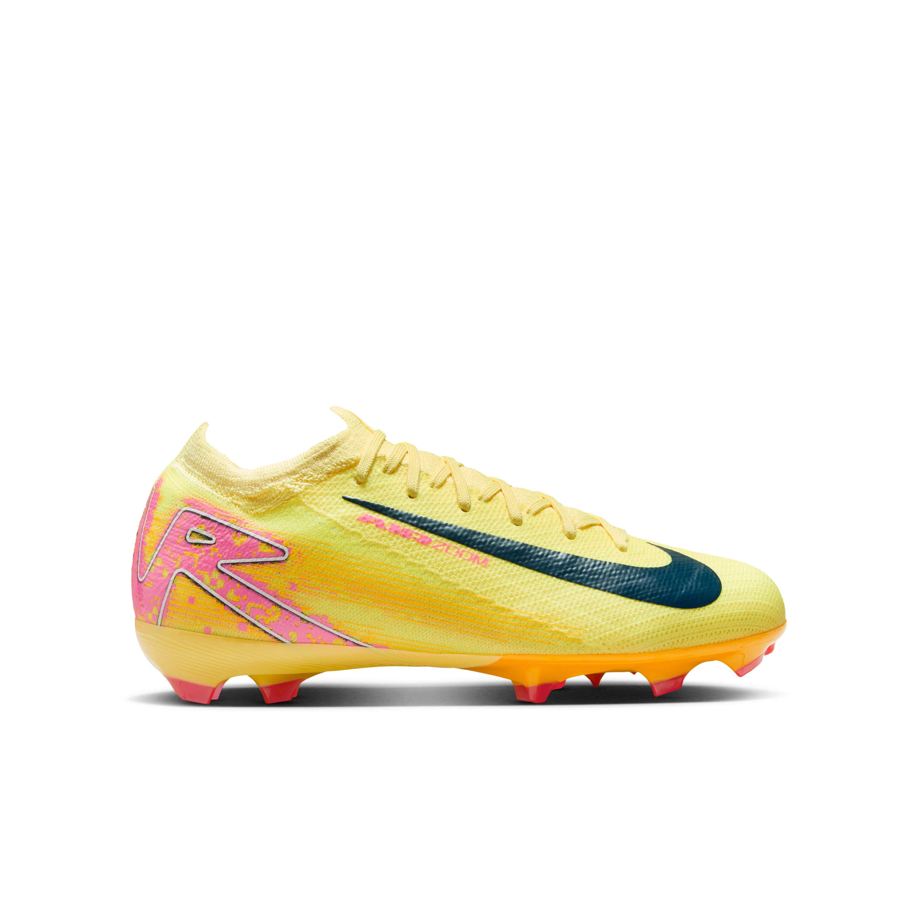 Nike Zoom Mercurial Vapor 16 Mbappé Pro Gras Voetbalschoenen (FG) Kids Geel Roze Oranje