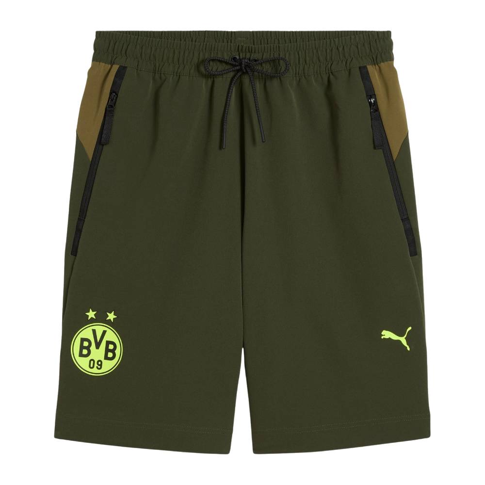 PUMA Borussia Dortmund Pumatech Broekje Woven 2024-2025 Donkergroen Olijfgroen Geel