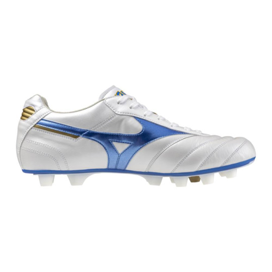 Mizuno Morelia II Elite Gazon Naturel Chaussures de Foot (FG) Blanc Bleu Doré