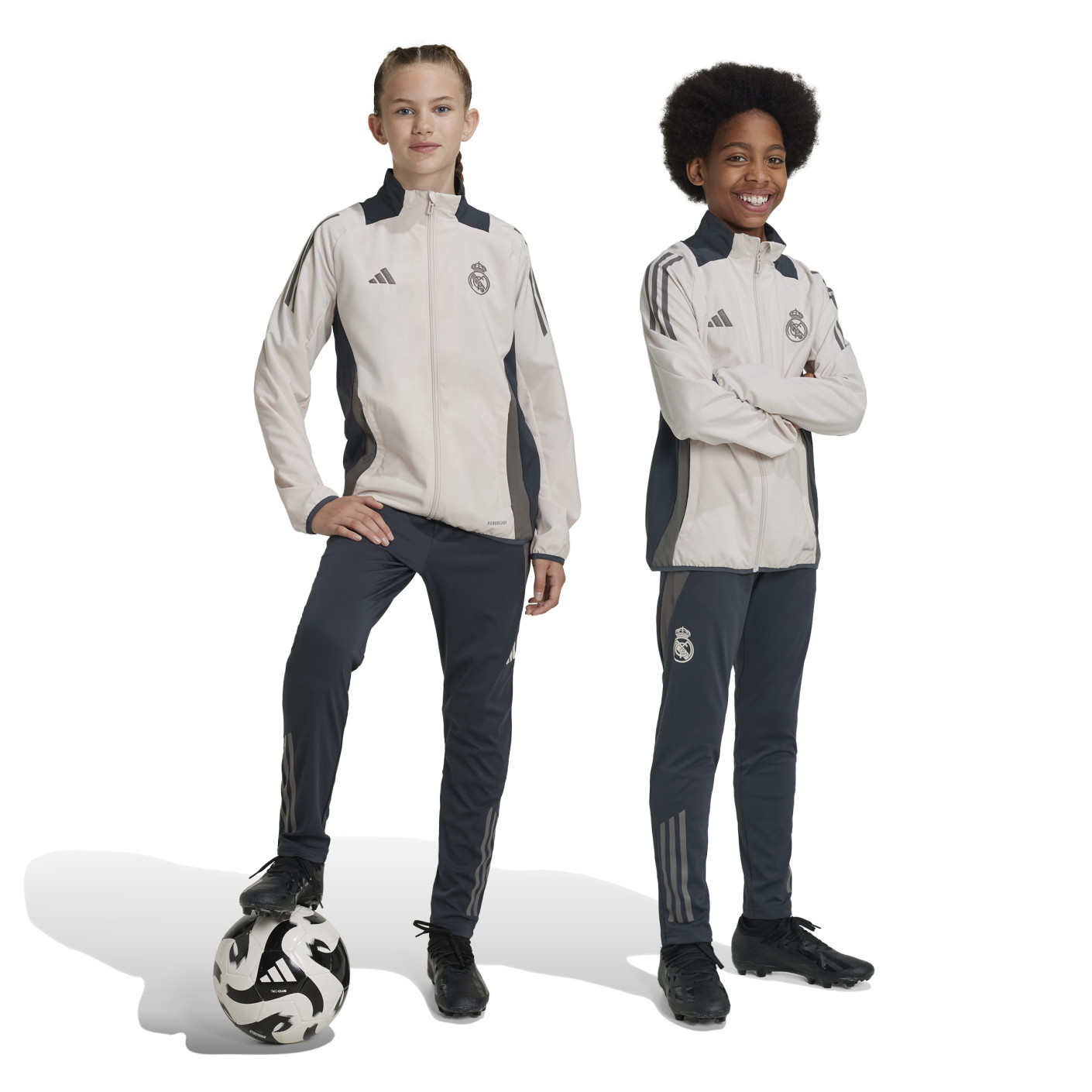 adidas Real Madrid Presentatie Trainingspak Full-Zip Europees 2024-2025 Kids Beige Donkergrijs Bruin